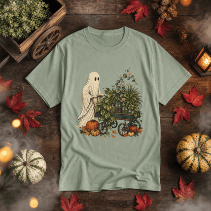 Ghost Plant Cart T-Shirt in a Halloween fall botanical flat lay