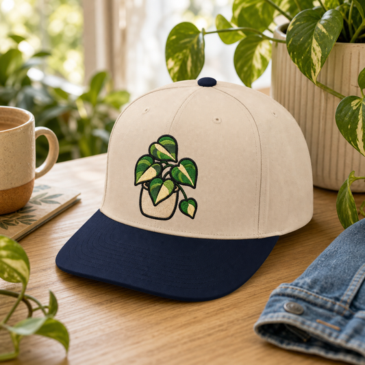 Golden Pothos Pal embroidered hat in Navy / Natural with coffee and pothos vines