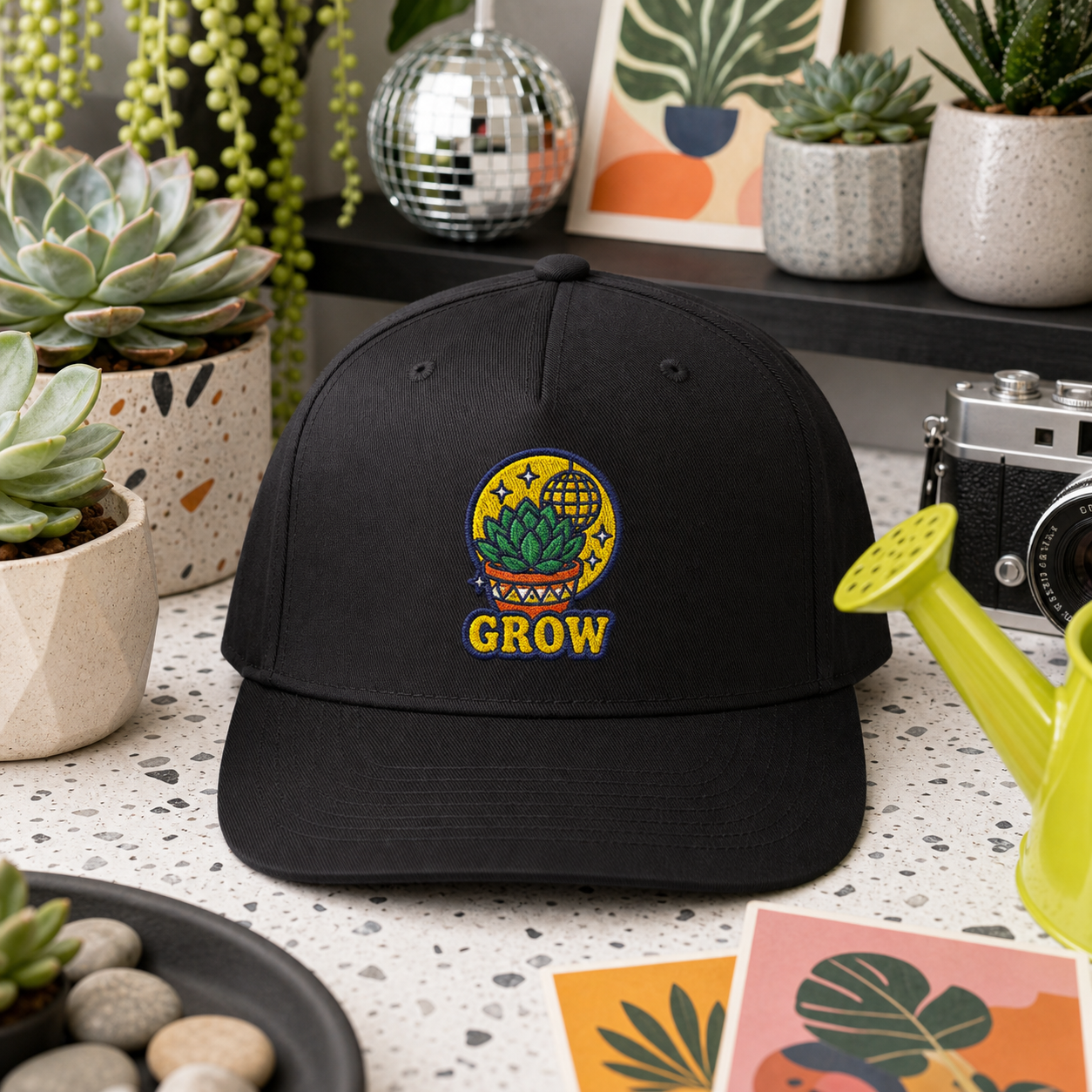 Grow Succulent embroidered hat in Black with modern succulent studio props