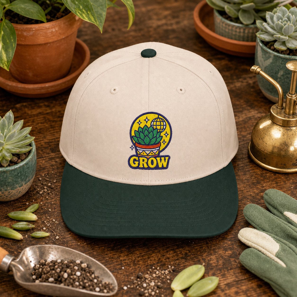Grow Succulent embroidered hat in Dark Green / Natural with succulent potting bench props