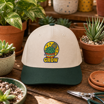 Grow Succulent embroidered hat in Dark Green / Natural on a succulent potting bench
