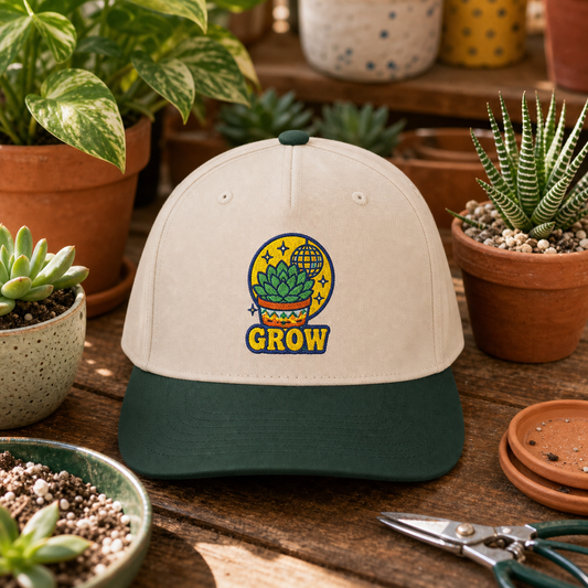 Grow Succulent embroidered hat in Dark Green / Natural on a succulent potting bench
