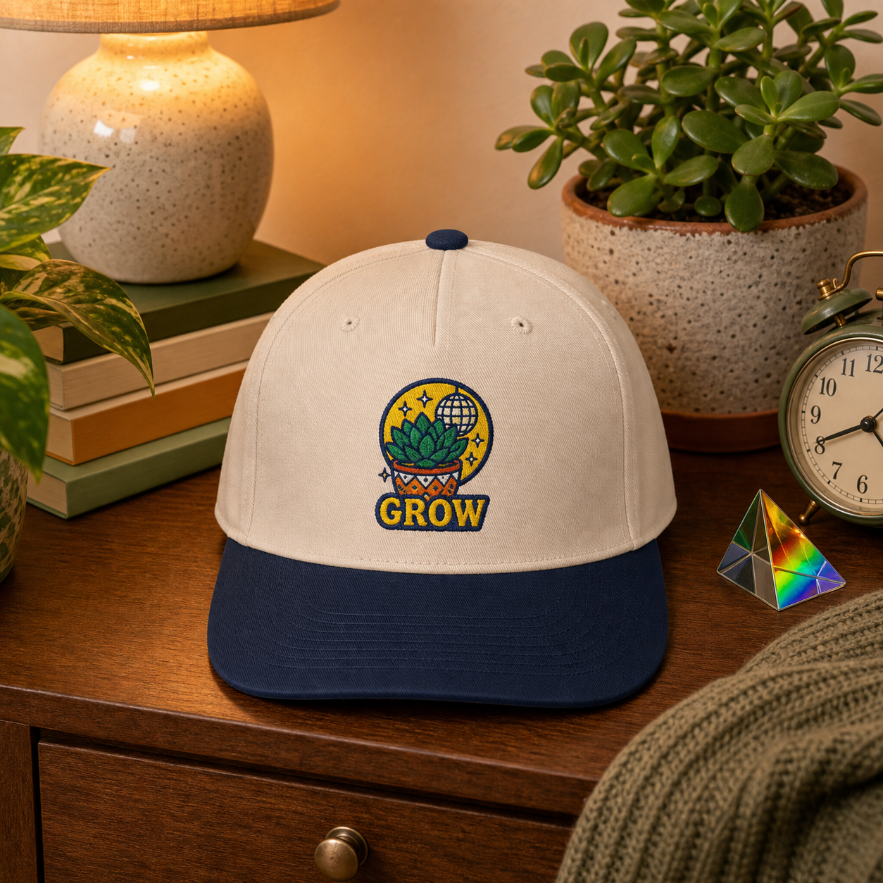 Grow Succulent embroidered hat in Navy / Natural on a cozy plant nightstand