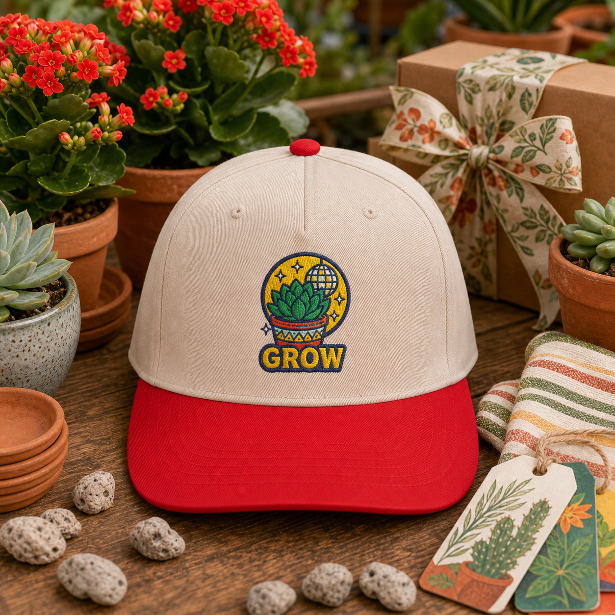 Grow Succulent embroidered hat in Red / Natural on a greenhouse gift table
