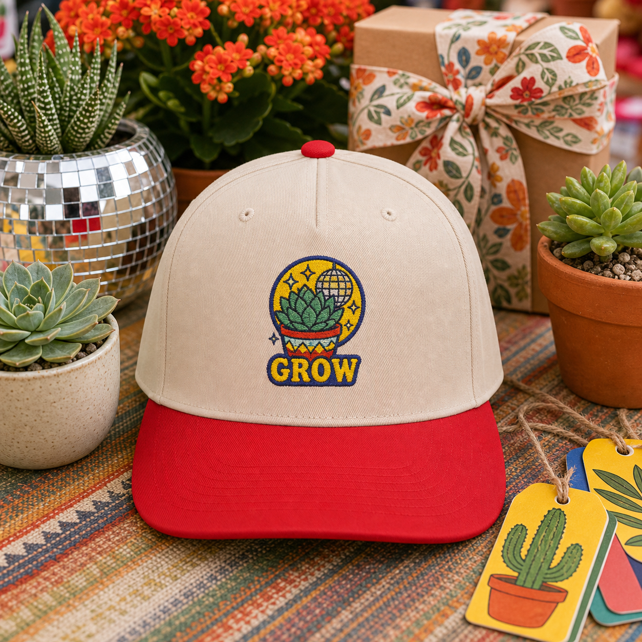 Grow Succulent embroidered hat in Red / Natural styled as a plant lover gift