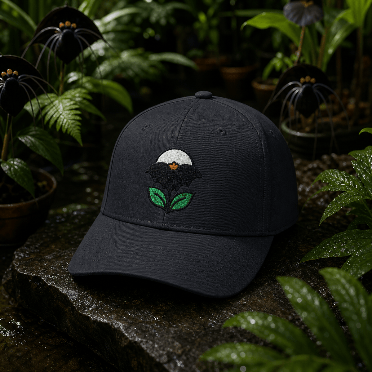 Botanical Vibes Hats One size / Black Bat Flower Embroidered Hat - Gothic Botanical Gift