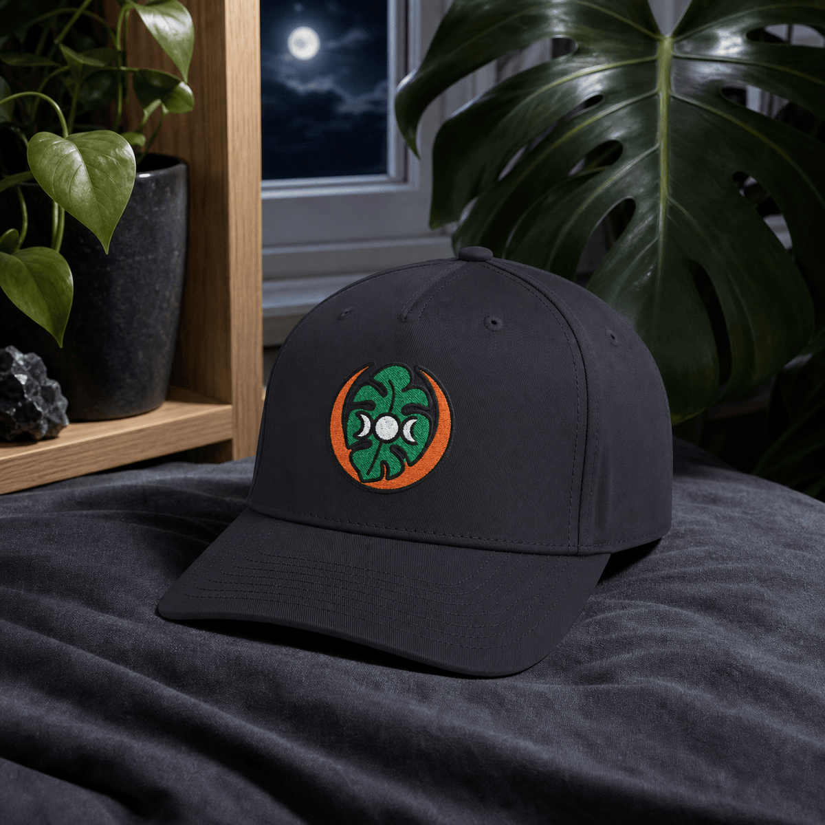 Botanical Vibes Hats One size / Black Moon Phase Monstera Embroidered Hat - Celestial Plant Gift