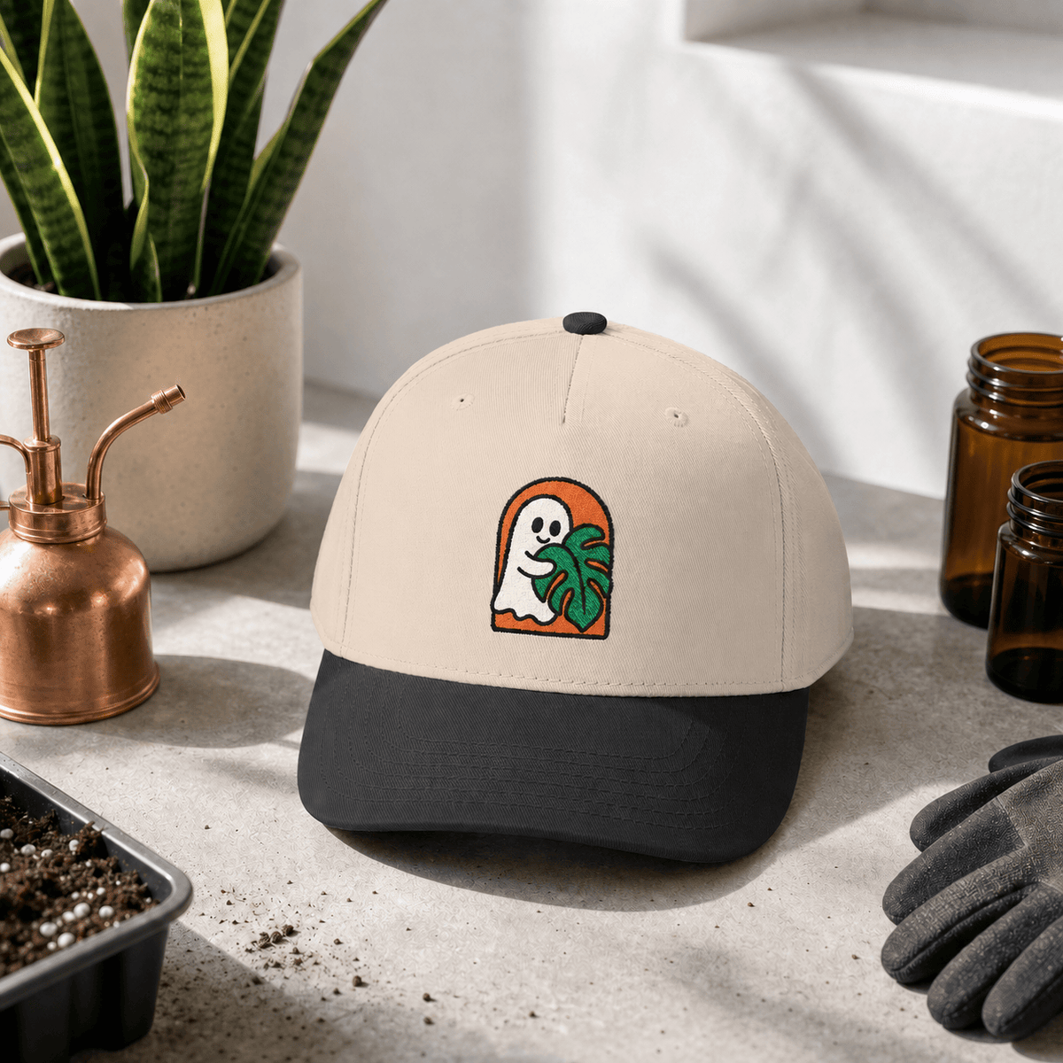 Botanical Vibes Hats One size / Black / Natural Ghost Monstera Embroidered Hat - Halloween Plant Gift