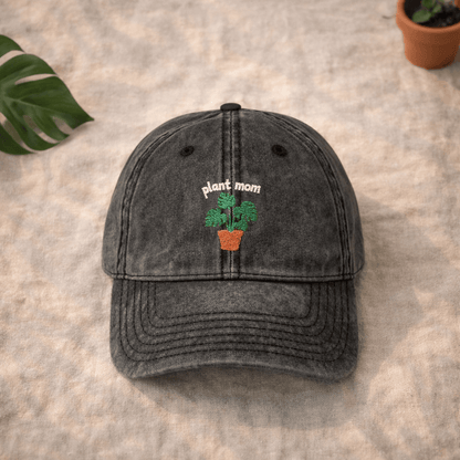 Printify Hats One size / Black Plant Mom Hat – Embroidered Monstera Vintage Cotton Cap