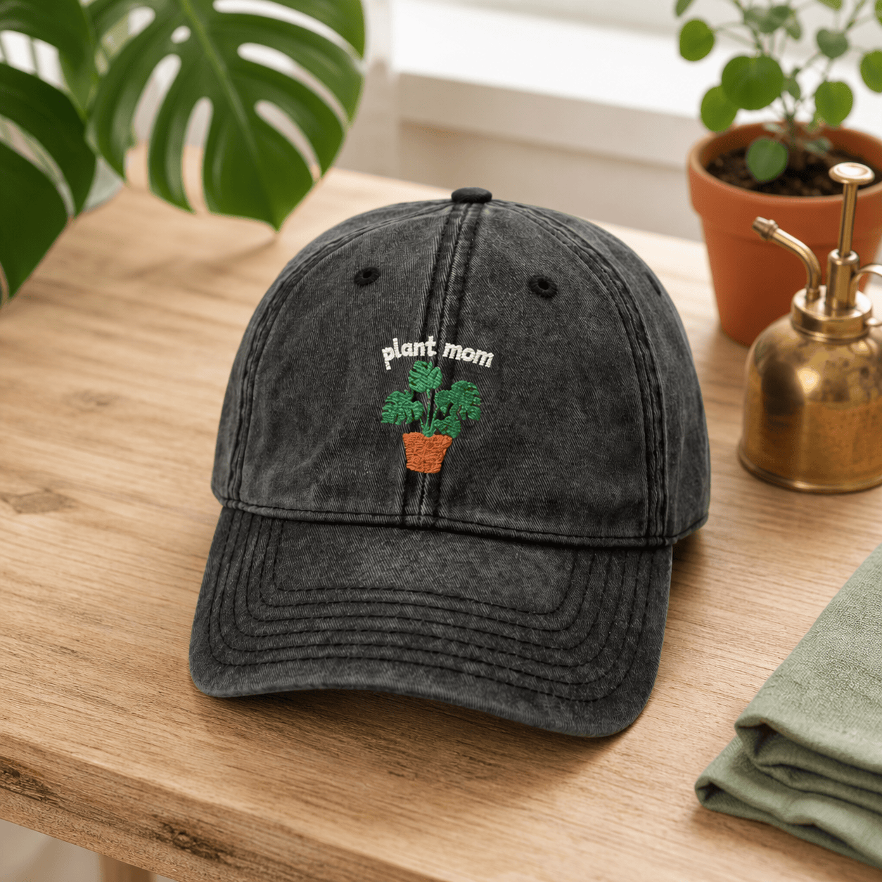 Printify Hats One size / Black Plant Mom Hat – Embroidered Monstera Vintage Cotton Cap