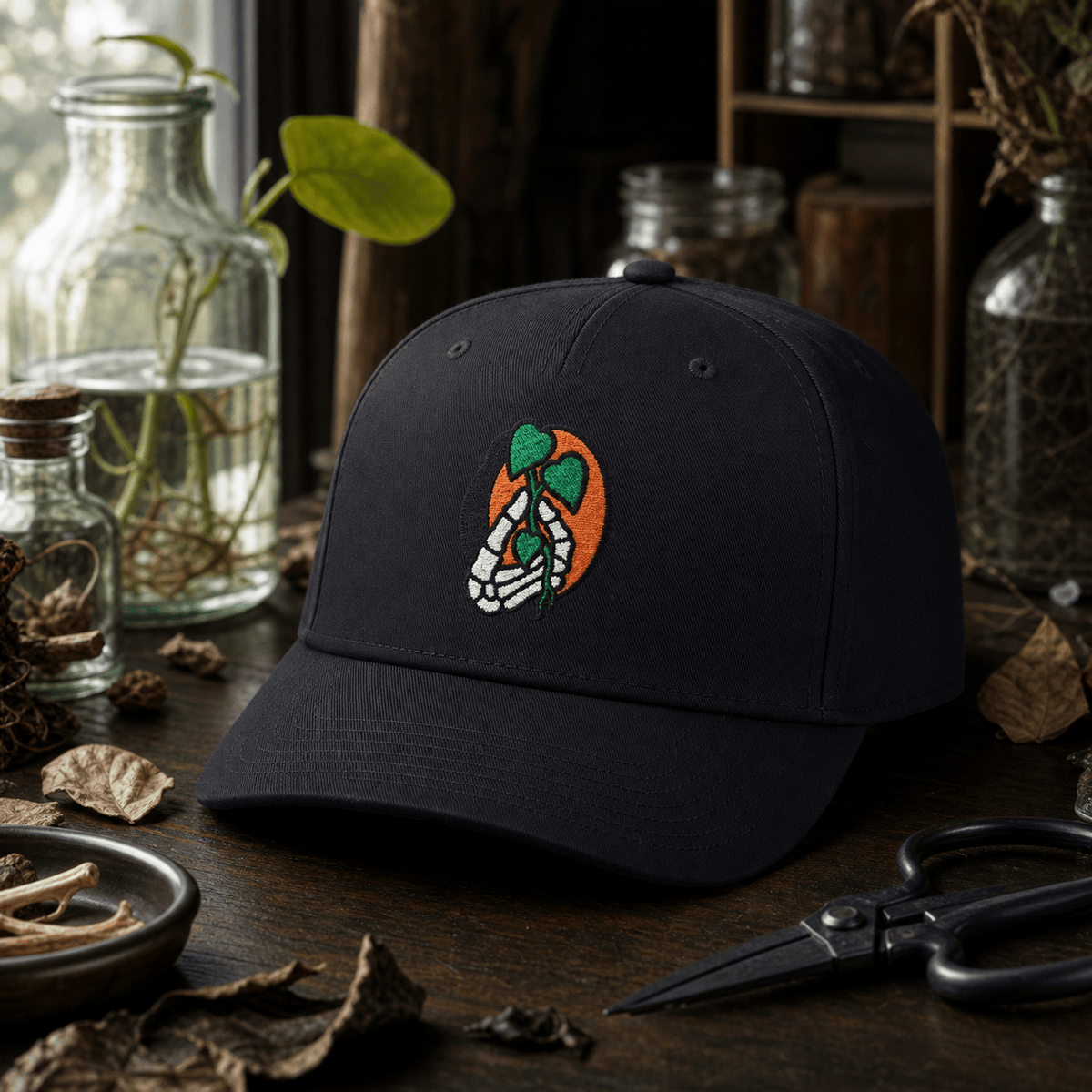 Botanical Vibes Hats One size / Black Skeleton Hand Plant Cutting Embroidered Hat - Gothic Gift
