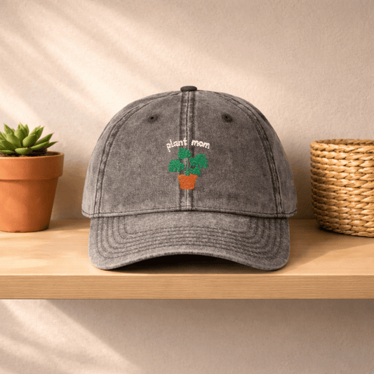Printify Hats One size / Charcoal Grey Plant Mom Hat – Embroidered Monstera Vintage Cotton Cap
