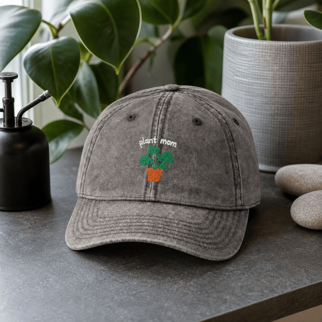 Printify Hats One size / Charcoal Grey Plant Mom Hat – Embroidered Monstera Vintage Cotton Cap