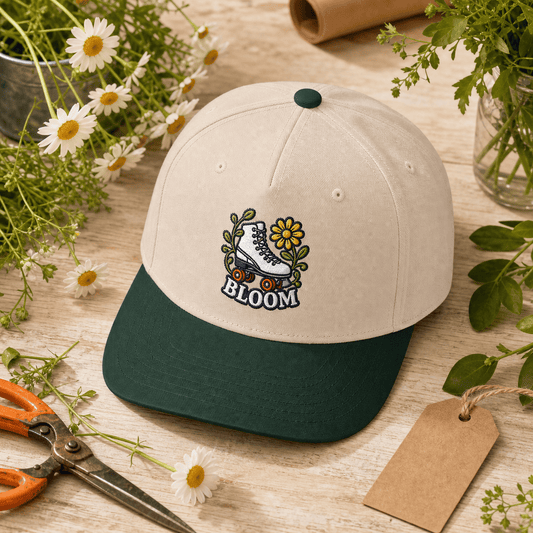 Printify Hats One size / Dark Green / Natural Bloom Roller Skate Embroidered Hat - Retro Flower Gift
