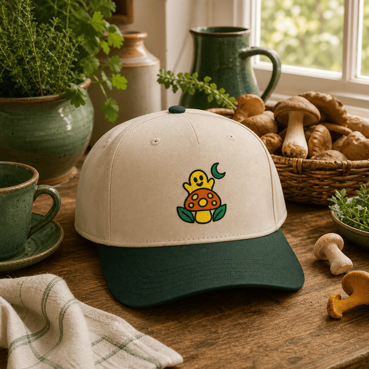 Botanical Vibes Hats One size / Dark Green / Natural Ghost Mushroom Embroidered Hat - Spooky Botanical Gift