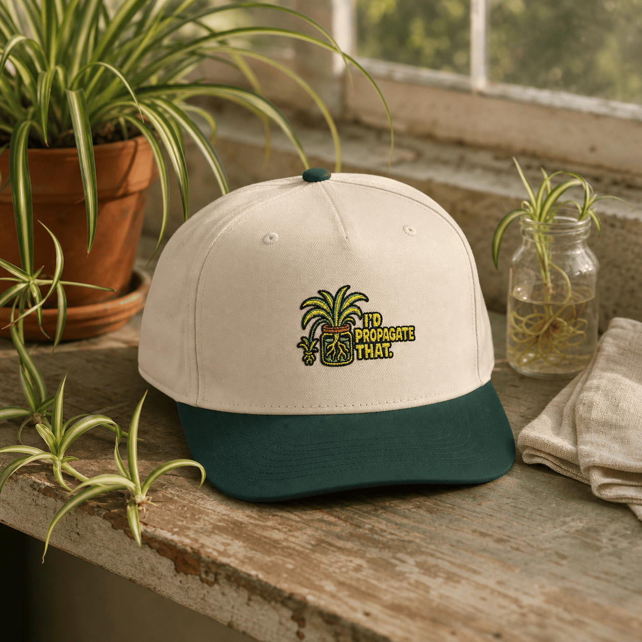 Printify Hats One size / Dark Green / Natural I'd Propagate That Spider Plant Embroidered Hat - Plant Gift