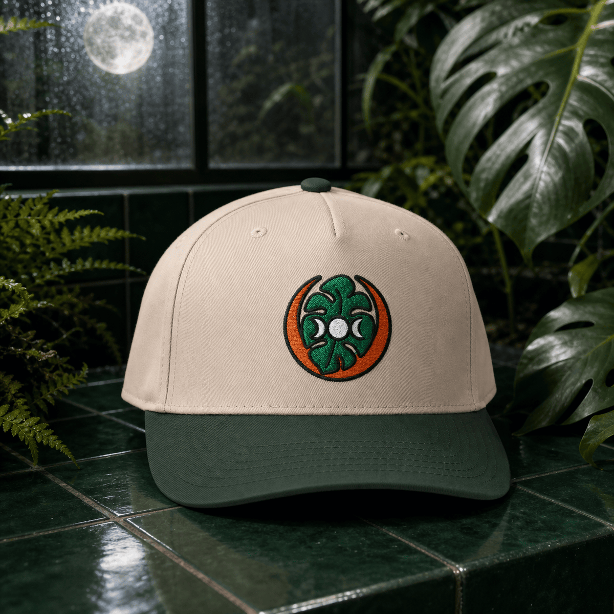 Botanical Vibes Hats One size / Dark Green / Natural Moon Phase Monstera Embroidered Hat - Celestial Plant Gift