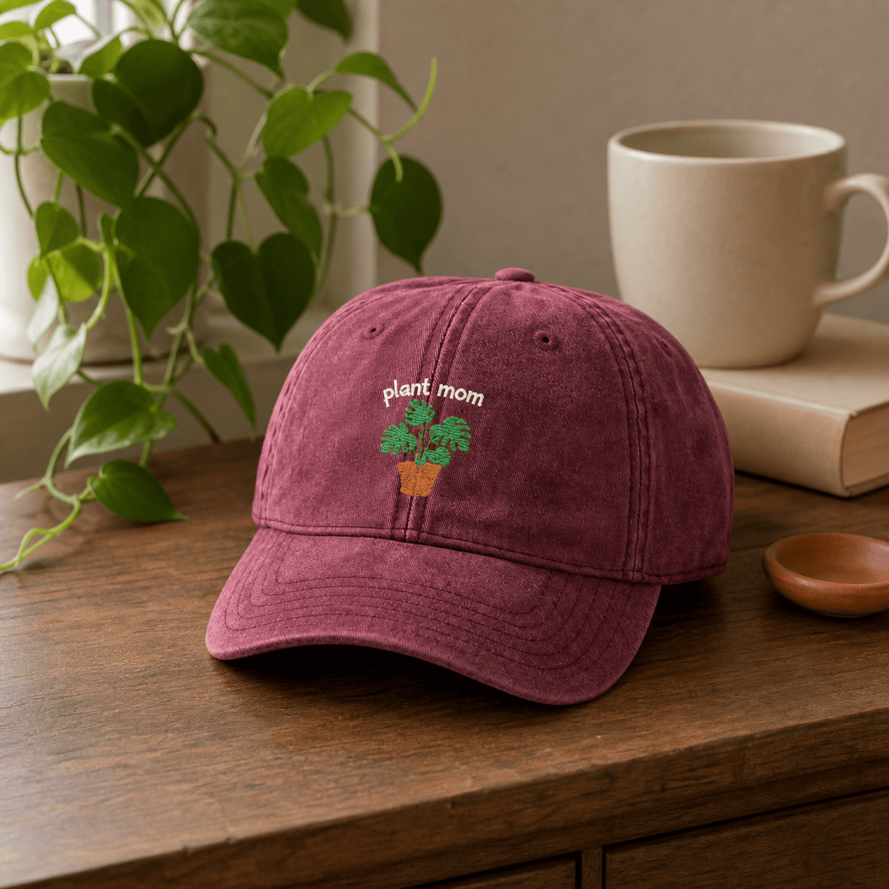 Printify Hats One size / Maroon Plant Mom Hat – Embroidered Monstera Vintage Cotton Cap