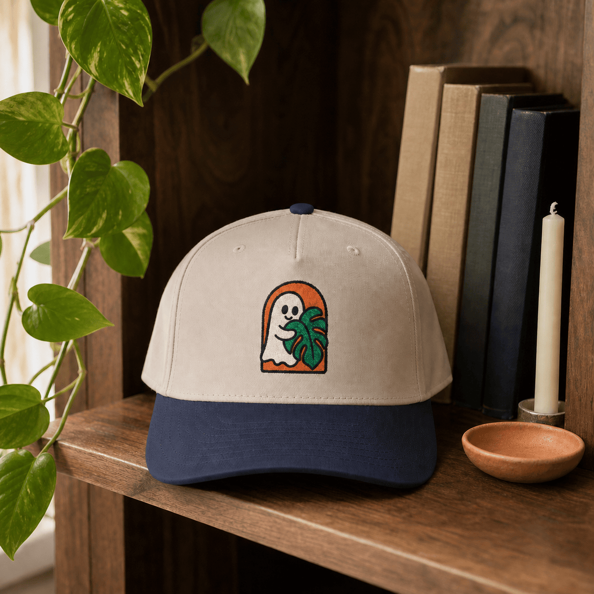 Botanical Vibes Hats One size / Navy / Natural Ghost Monstera Embroidered Hat - Halloween Plant Gift