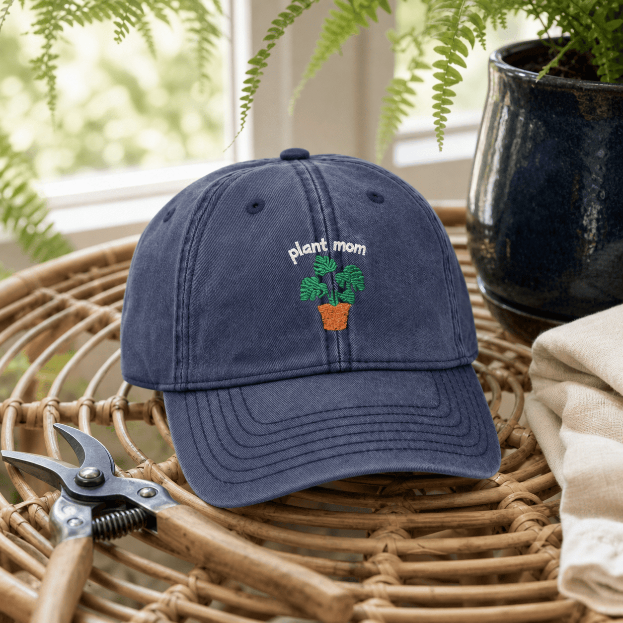 Printify Hats One size / Navy Plant Mom Hat – Embroidered Monstera Vintage Cotton Cap
