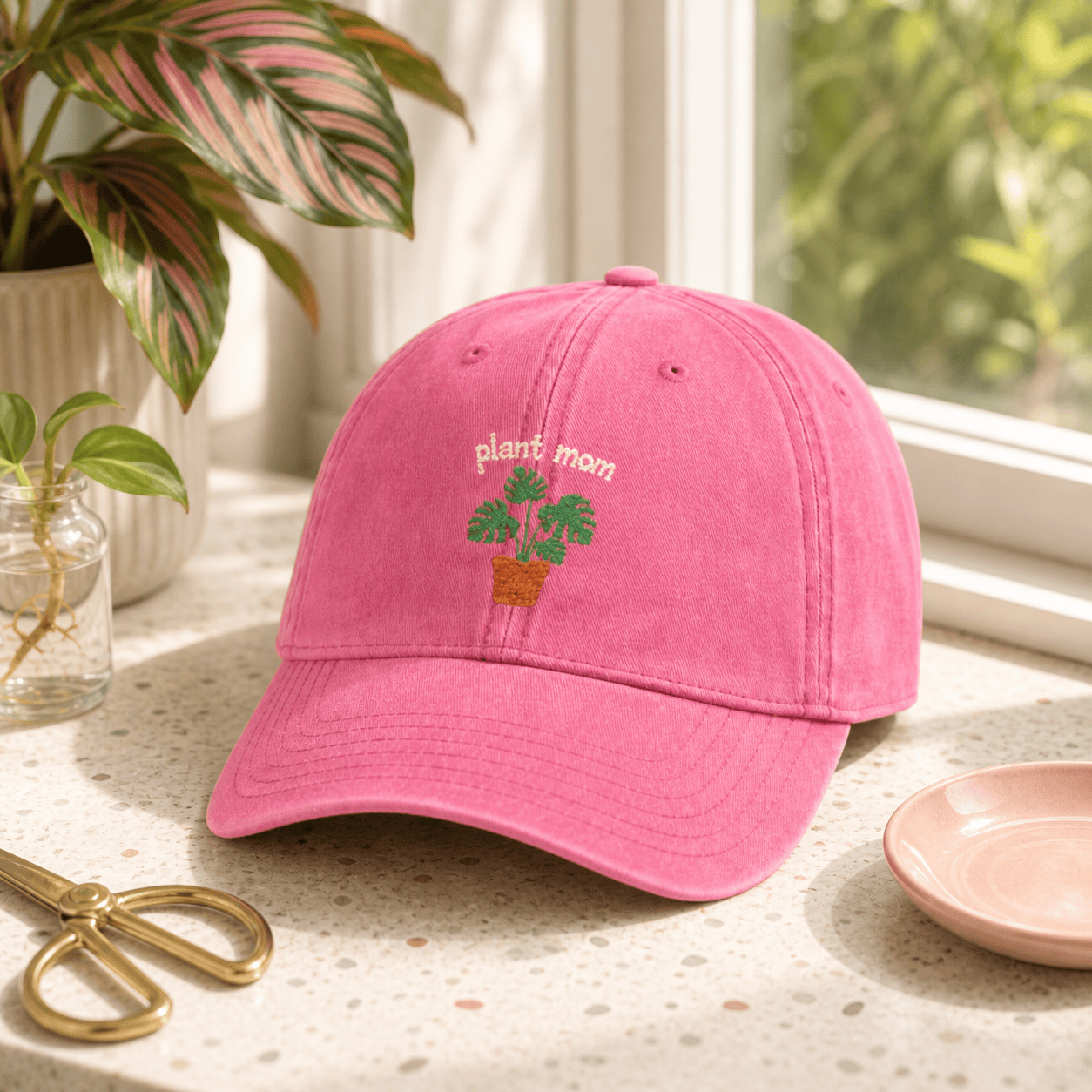 Printify Hats One size / Pink Plant Mom Hat – Embroidered Monstera Vintage Cotton Cap