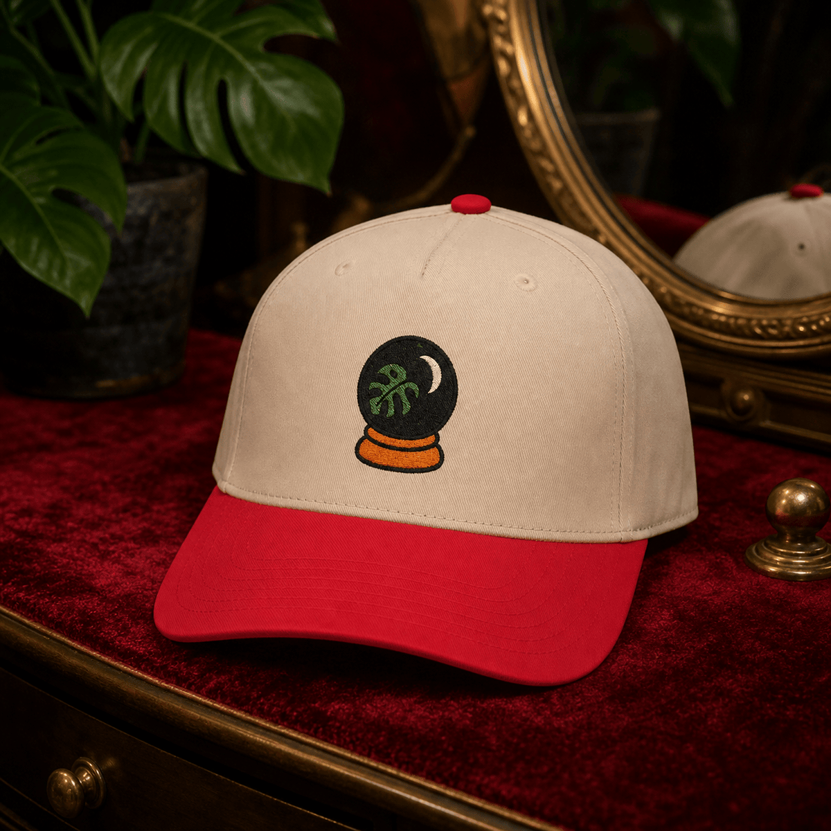 Botanical Vibes Hats One size / Red / Natural Crystal Ball Monstera Embroidered Hat - Witchy Plant Gift