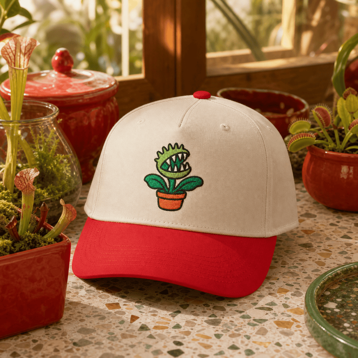 Botanical Vibes Hats One size / Red / Natural Fanged Venus Flytrap Embroidered Hat - Carnivorous Plant Gift