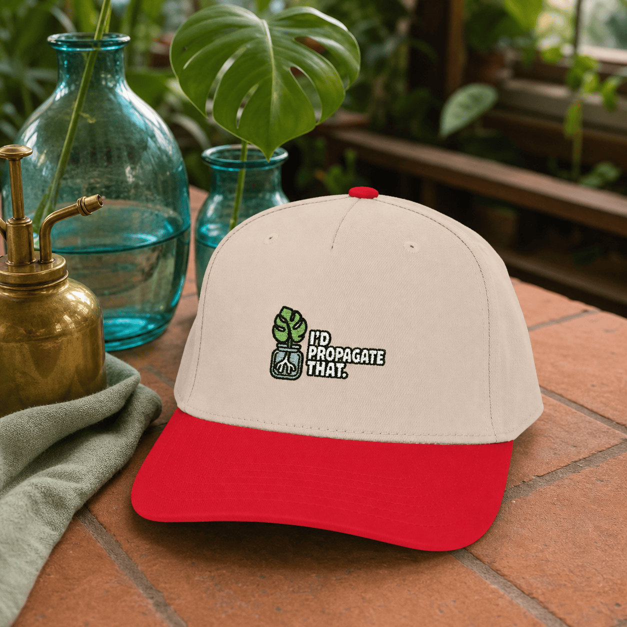 Printify Hats One size / Red / Natural I'd Propagate That Monstera Embroidered Hat - Plant Lover Gift