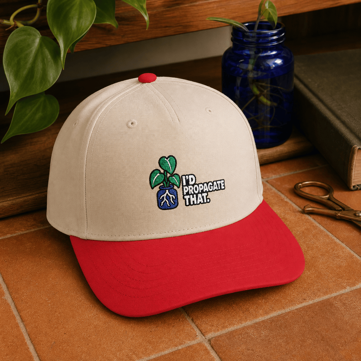 Printify Hats One size / Red / Natural I'd Propagate That Philodendron Embroidered Hat - Houseplant Gift