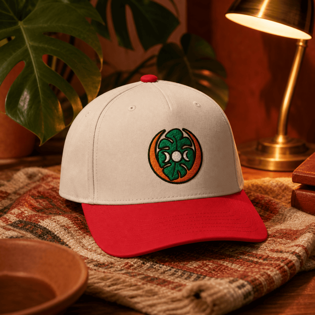 Botanical Vibes Hats One size / Red / Natural Moon Phase Monstera Embroidered Hat - Celestial Plant Gift