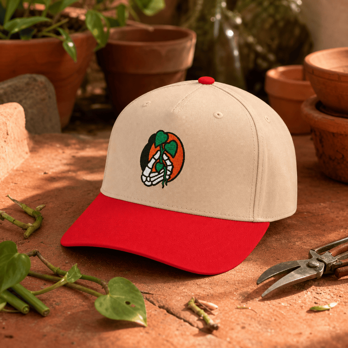 Botanical Vibes Hats One size / Red / Natural Skeleton Hand Plant Cutting Embroidered Hat - Gothic Gift