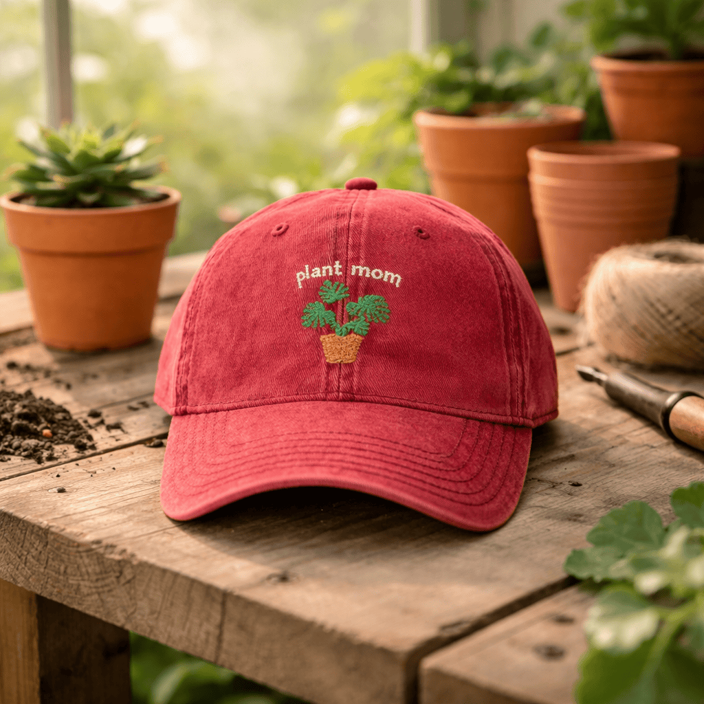 Printify Hats One size / Red Plant Mom Hat – Embroidered Monstera Vintage Cotton Cap