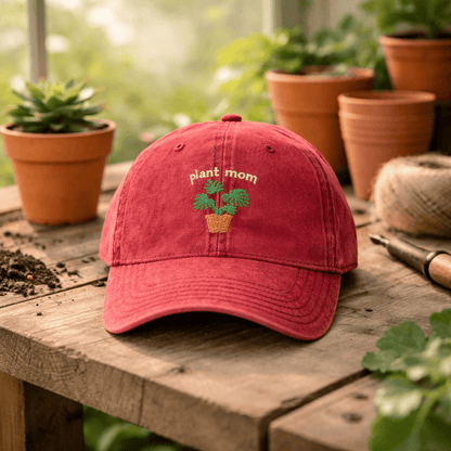 Printify Hats One size / Red Plant Mom Hat – Embroidered Monstera Vintage Cotton Cap