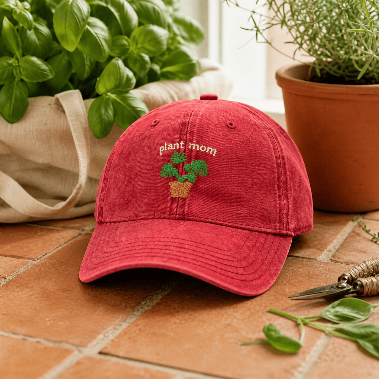 Printify Hats One size / Red Plant Mom Hat – Embroidered Monstera Vintage Cotton Cap