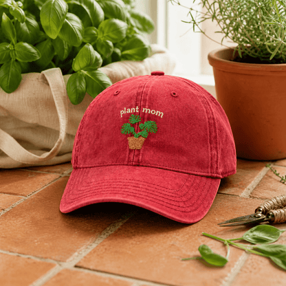 Printify Hats One size / Red Plant Mom Hat – Embroidered Monstera Vintage Cotton Cap