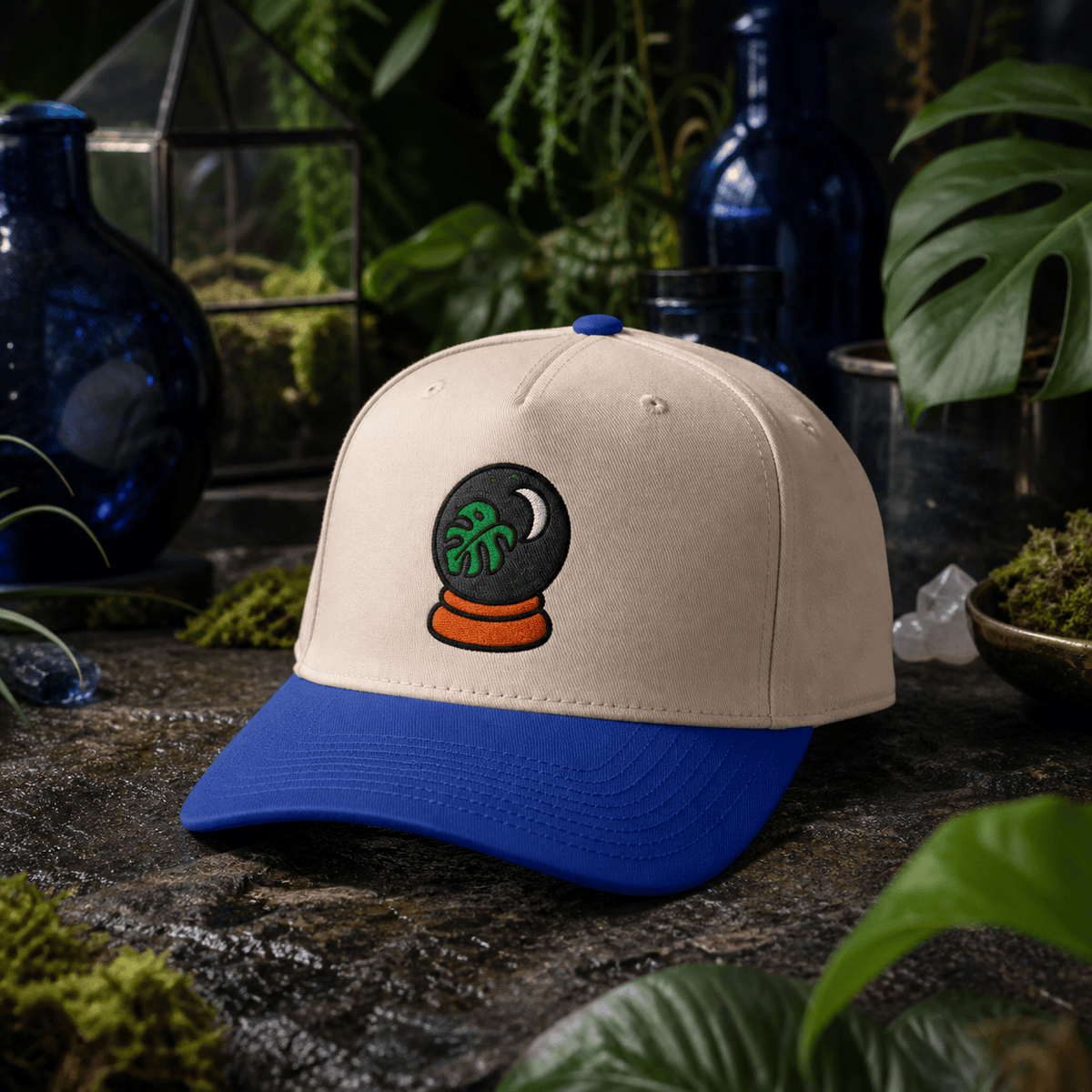 Botanical Vibes Hats One size / Royal / Natural Crystal Ball Monstera Embroidered Hat - Witchy Plant Gift