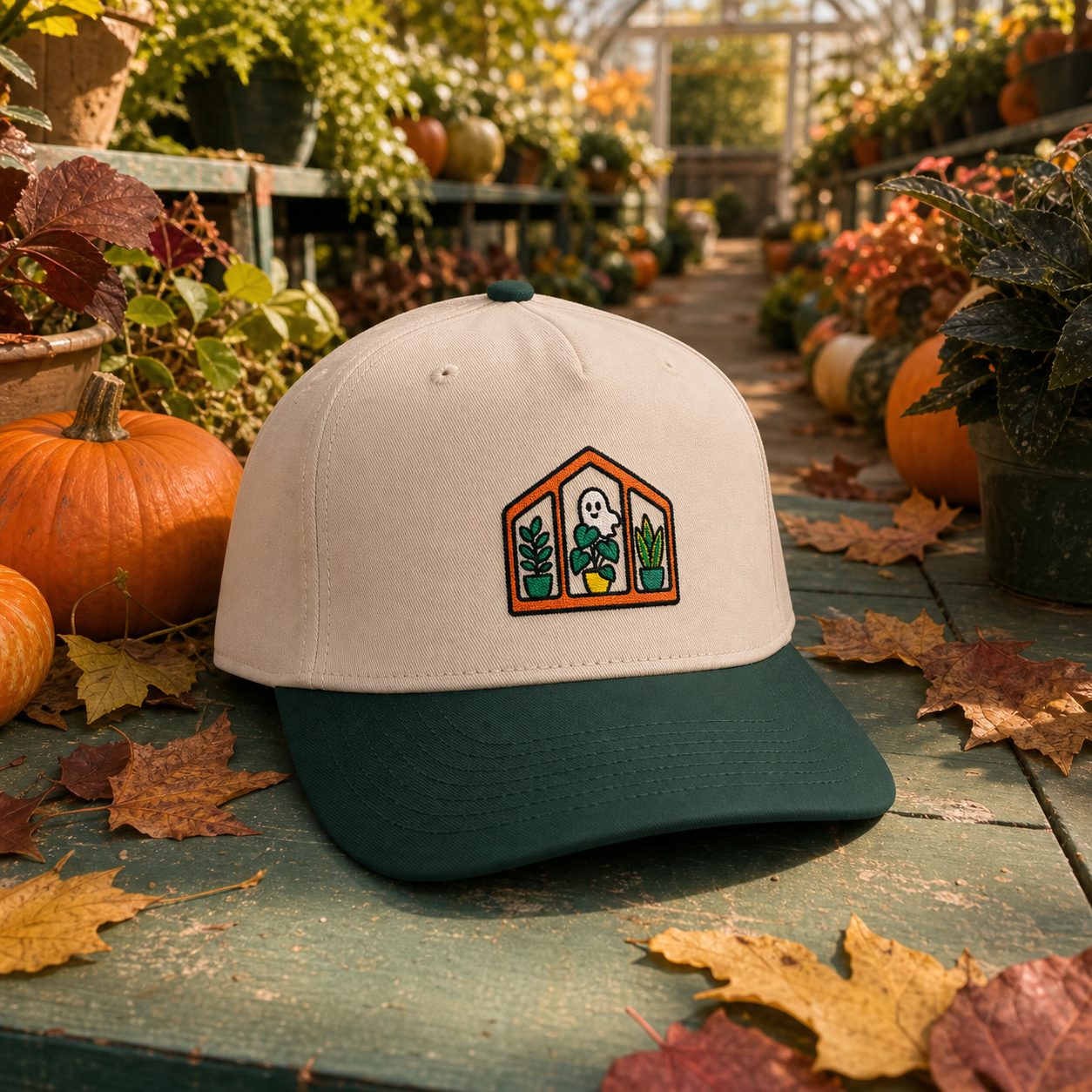 Haunted Greenhouse embroidered hat in Dark Green / Natural