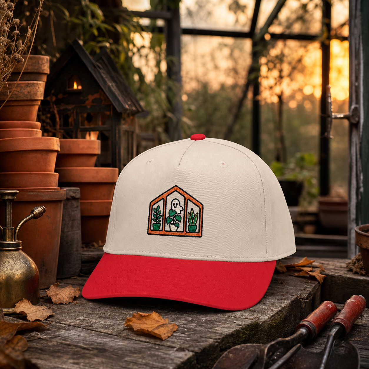 Haunted Greenhouse embroidered hat in Red / Natural