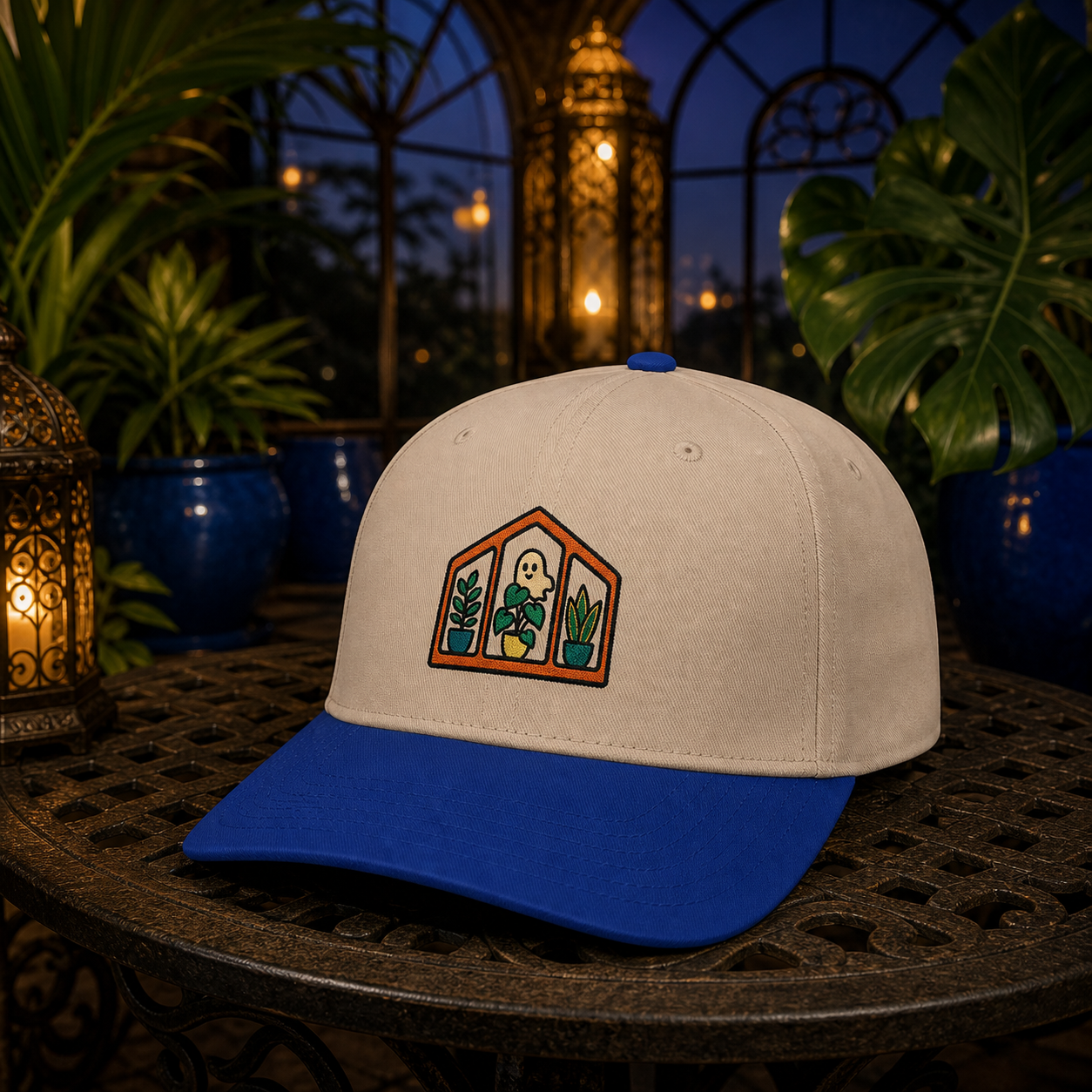 Haunted Greenhouse embroidered hat in Royal / Natural