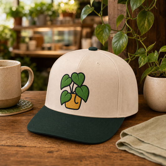 Heartleaf Homie embroidered hat in Dark Green / Natural on a cozy plant cafe counter