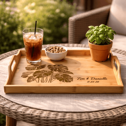 Printify Home Decor 16.5″ × 9.75″ × 2.5″ / Bamboo Personalized Bamboo Serving Tray – Engraved Tropical Monstera Name & Date | Houseplant Gift