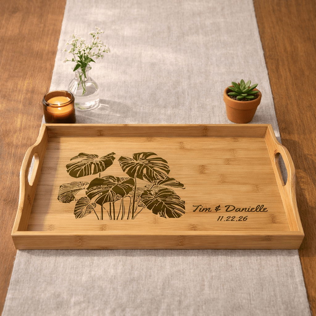 Printify Home Decor 16.5″ × 9.75″ × 2.5″ / Bamboo Personalized Bamboo Serving Tray – Engraved Tropical Monstera Name & Date | Houseplant Gift