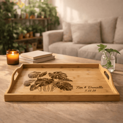 Printify Home Decor 16.5″ × 9.75″ × 2.5″ / Bamboo Personalized Bamboo Serving Tray – Engraved Tropical Monstera Name & Date | Houseplant Gift