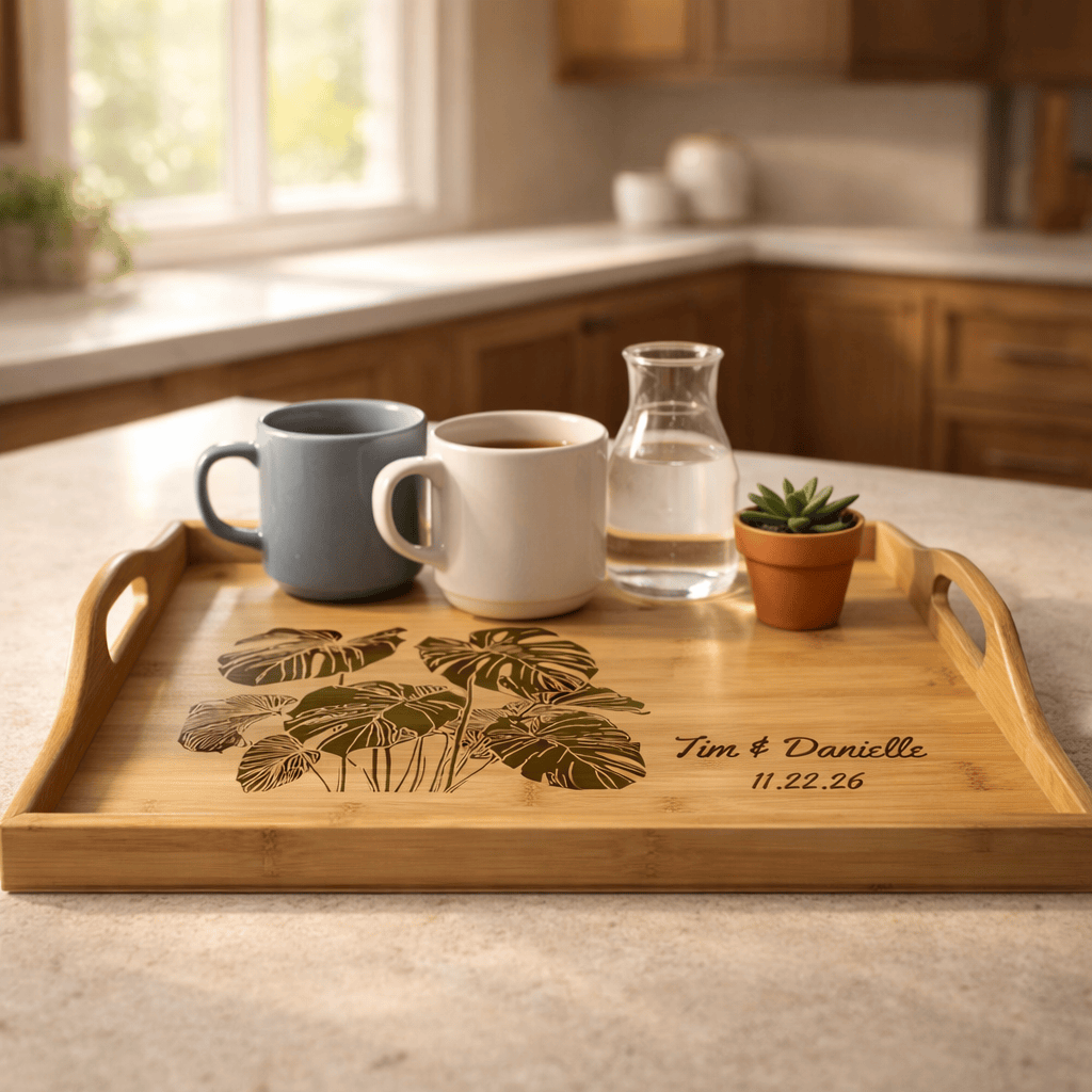 Printify Home Decor 16.5″ × 9.75″ × 2.5″ / Bamboo Personalized Bamboo Serving Tray – Engraved Tropical Monstera Name & Date | Houseplant Gift