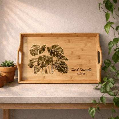 Printify Home Decor 16.5″ × 9.75″ × 2.5″ / Bamboo Personalized Bamboo Serving Tray – Engraved Tropical Monstera Name & Date | Houseplant Gift