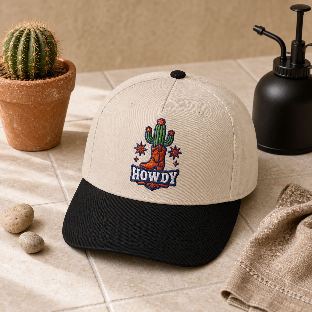 Howdy Cactus embroidered hat in black and natural on a clean western studio tile setup