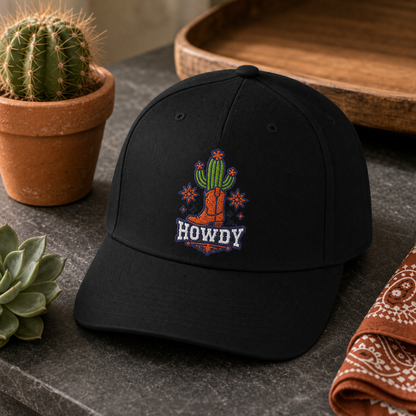 Howdy Cactus embroidered hat in black styled in a western studio product scene