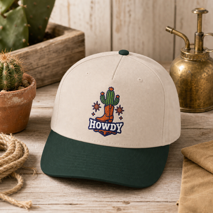 Howdy Cactus embroidered hat in dark green and natural on a western potting bench