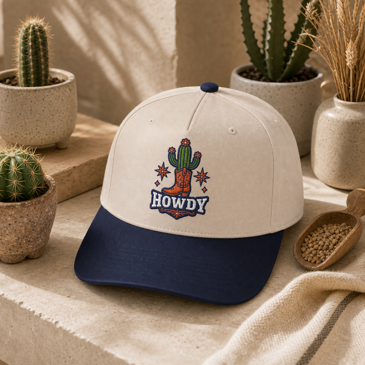 Howdy Cactus embroidered hat in navy and natural on a plant shop sandstone display