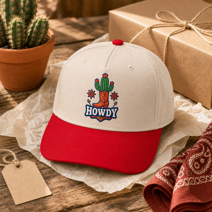 Howdy Cactus embroidered hat in red and natural styled as a western plant lover gift
